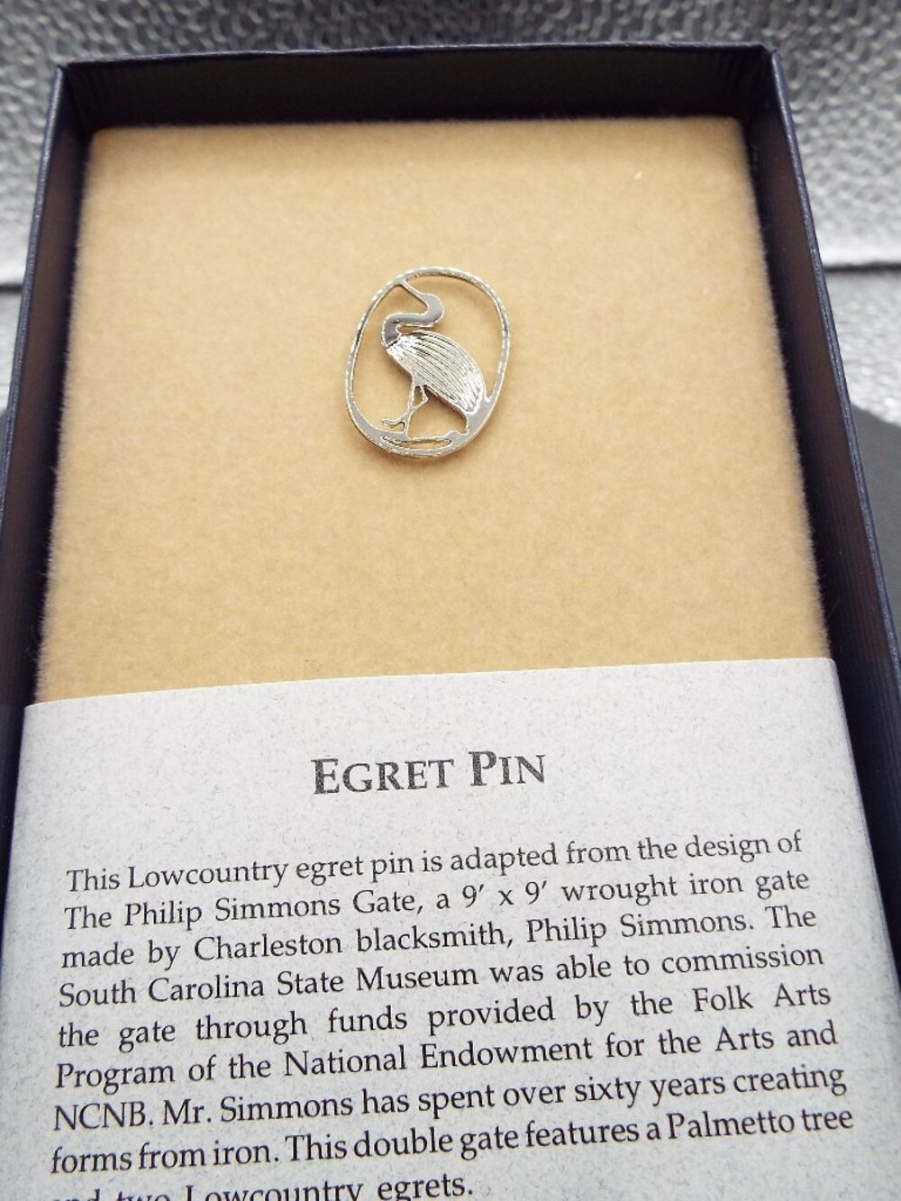 STERLING EGRET PIN BASED ON PHILIP SIMMONS GATE CHARLESTON, SC 69